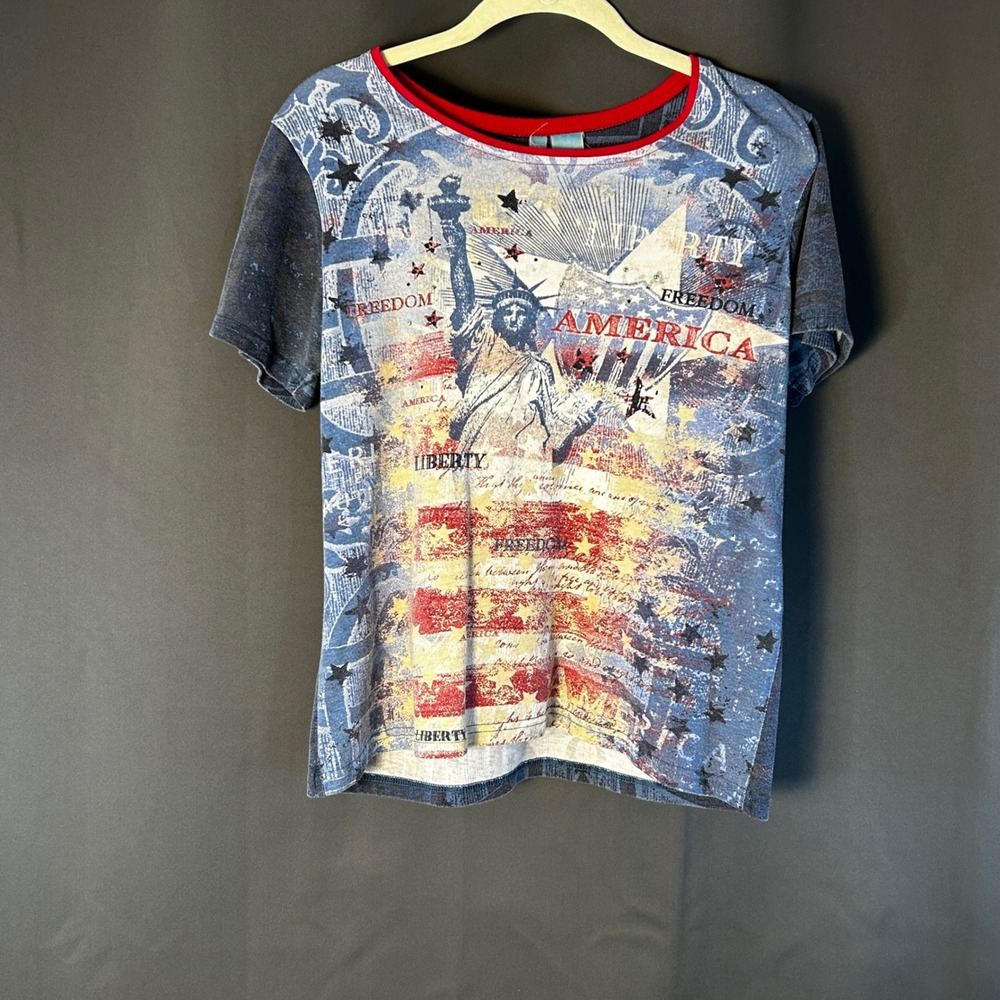 Fresh Graphic T-Shirt Women Small Blue Excellent Americana Statue of Liberty S